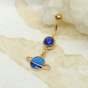 Blue Saturn Belly Button Ring, Galaxy Planet Belly Ring, 14g Gold Belly Button Navel Body Piercing Jewelry