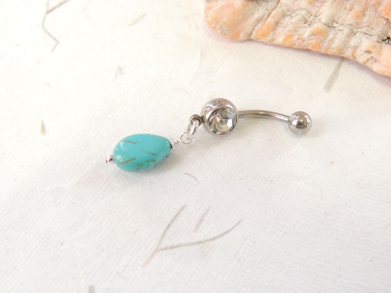 Turquoise Dangle Belly Button Ring Silver Belly Ring Teardrop Belly Ring Turquoise Belly Ring