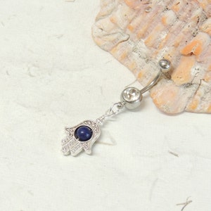 Hamsa Hand Belly Button Ring You Choose Gemstone, Hand Belly Ring, Belly Button Jewelry, Dangle Belly Ring, Silver Belly Ring