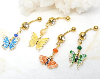 Butterfly Dangle Belly Ring You Choose Colo, Butterfly Jewelry, Navel Ring, 14g Gold Barbell