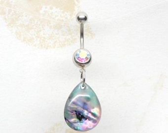 Abalone Teardrop Dangle Belly Ring, 14g Body Jewelry, Nautical Beach Ocean
