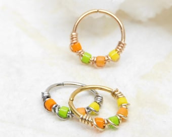 Citrus Snug Fitting Nose Hoop Ring, Ombre Nose Ring, Cartilage Hoop Earring, Bohemian Nose Jewelry, Seamless Hoop, Nose Hoop with Beads
