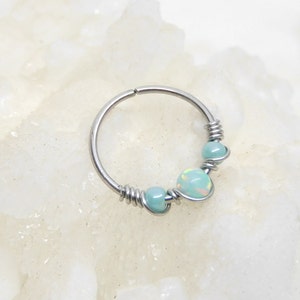 Light Green Opal Beaded Cartilage Hoop, Septum Nose Ring Hoop, Helix Daith Orbital Piercing, Seamless Hoops, Opal Body Jewelry