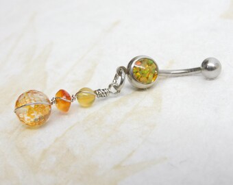 Citrine Carnelian Agate Gemstone Belly Ring with Opal Barbell, Wire Wrapped Body Jewelry, 14g Belly Navel Ring