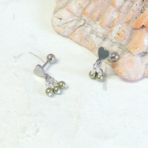 Heart Tragus Helix Barbell with Wire Wrapped Pearl Dangles, 16g Surgical Steel Barbell, Helix Earring, Cartilage Earring