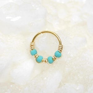 Turquoise Nose Hoop Ring, Thin Nose Hoop with Beads, Tragus Hoop, Daith Earring, Cartilage Hoop Earring, Conch Hoop Earring, Snug Nose Ring