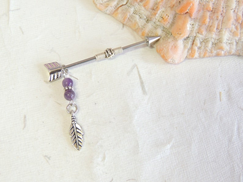 Boho Tribal Feather Arrow Industrial Barbell You Choose Gemstone 14g Surgical Steel Barbell Arrow Barbell