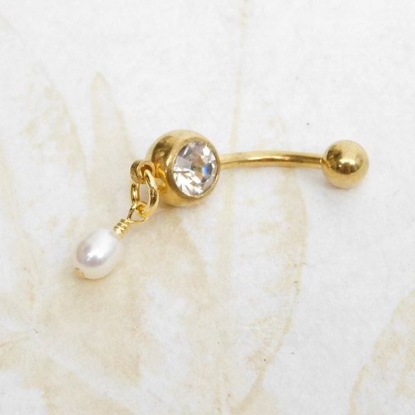 Dainty White Pearl Belly Ring You Choose Finish, Belly Button Jewelry, Nautical Beach Ocean, Gold Belly Ring