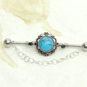 14g Turquoise Industrial Barbell with Wire Wrapped Bar and Chain, Scaffold Ear Earring, Chain Barbell