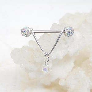 Ab Aurora V Nipple Shield with Crystal Dangle, 14g Nipple Bars, Nipple Rings, Nipple Jewelry, Body Jewelry