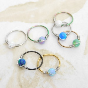 Opal Nose Hoop Ring, Helix Hoop, Opal Cartilage Hoop, Seamless Hoops, Modern Beaded Nose Ring