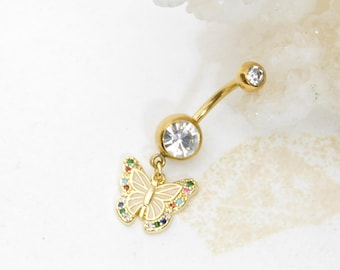Butterfly Dangle Belly Ring, Navel Ring, 14g Gold Barbell, Butterfly Jewelry
