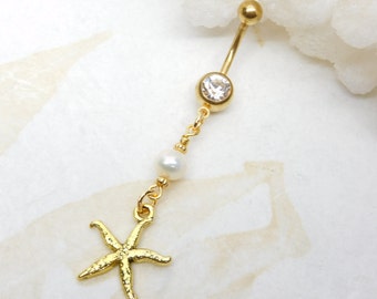 Gold Starfish Dangle Belly Ring, Starfish Jewelry, Nautical Beach Belly Ring