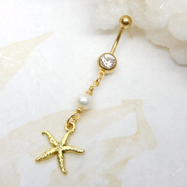 Gold Starfish Dangle Belly Ring, Starfish Jewelry, Nautical Beach Belly Ring