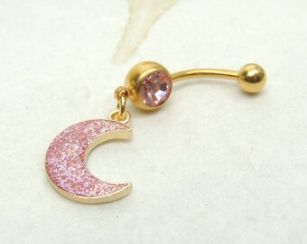 Pink Sparkle Crescent Moon Belly Ring, Celestial Belly Ring, Sparkle Belly Ring