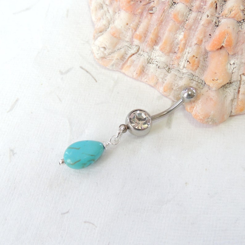 Turquoise Dangle Belly Button Ring Silver Belly Ring Teardrop Belly Ring Turquoise Belly Ring