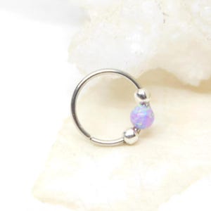 Lavender Opal Nose Ring, Tiny Nose Ring Hoop with Beads, Cartilage Hoop Earring, Rook Earring, Helix Hoop Earring, Seamless Hoop
