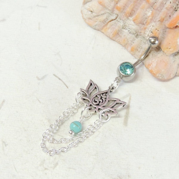 Ohm Lotus Flower Belly Button Navel Ring with Turquoise, Belly Button Jewelry, Chain Dangle Belly Ring, Boho Tribal Belly Ring