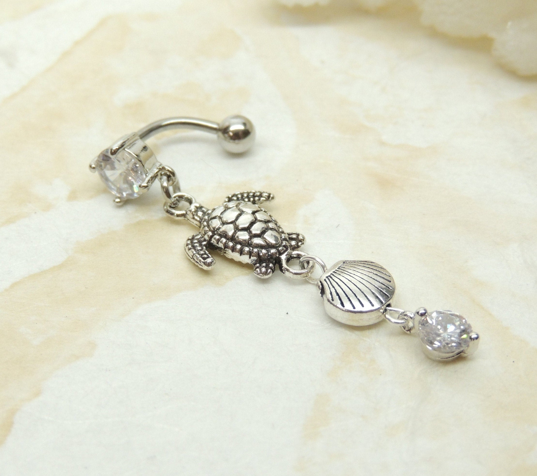 Belly Shell Sea Shell Turtle Sparkle Reverse Belly Ring, Top Down Belly Ring ...