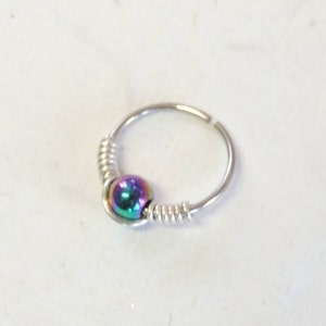 Rainbow Hematite Cartilage Hoop Earring, Wire Wrapped Cartilage Hoop, Nose Hoop, Tragus Helix Earring, 20g Endless Hoops