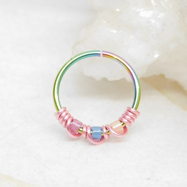 Rainbow Unicorn Beaded Nose Ring, Cartilage Hoop Earring, Tiny Hoop, Tragus Helix Orbital Piercing, Endless Hoop, 20g, Beaded Hoop