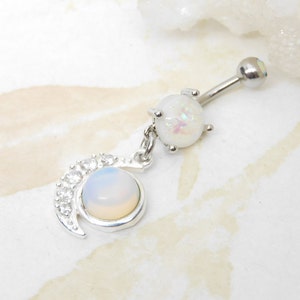 Opalite Moon Dangle Belly Ring, Celestial Belly Ring, Navel Piercing, 14g Curved Barbell