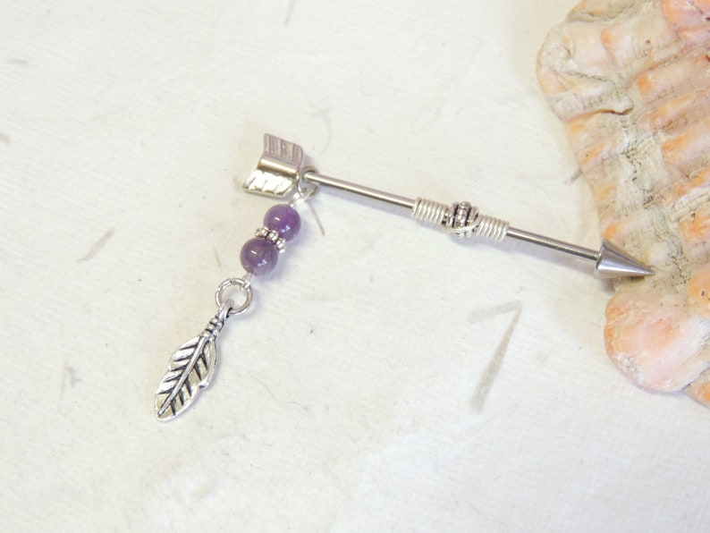 Boho Tribal Feather Arrow Industrial Barbell You Choose Gemstone 14g Surgical Steel Barbell Arrow Barbell
