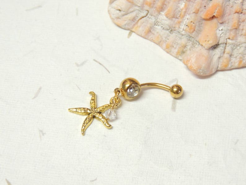 Gold Starfish Belly Button Ring, Dangle Belly Ring, Gold Belly Ring, Starfish Jewelry, Nautical Beach Belly Ring image 2