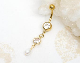 White Pearl Dangle Belly Ring You Choose Finish, Nautical Beach Ocean, Pearl Jewelry