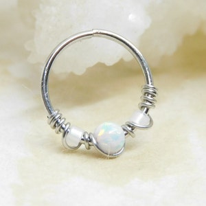 White Opal Beaded Cartilage Hoop, Septum Nose Ring Hoop, Helix Daith Orbital Piercing, Seamless Hoops, Opal Body Jewelry