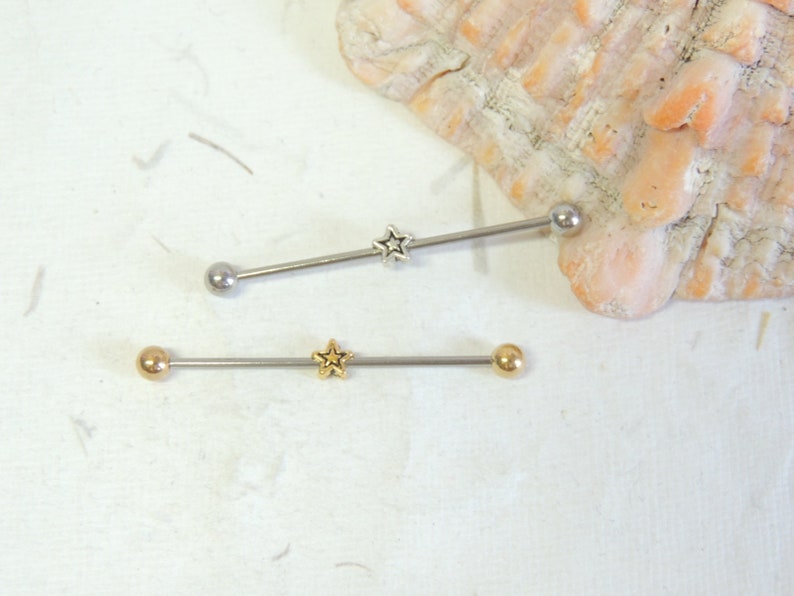 May include: Two barbell style body piercings with star-shaped charms. The top barbell is silver with a silver star charm. The bottom barbell is gold with a gold star charm.