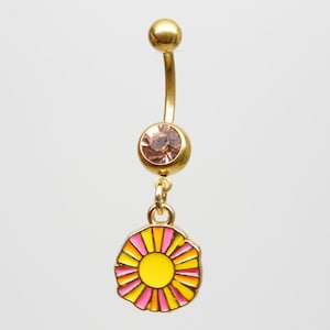 Flower Dangle Charm Belly Ring, Body Piercing Jewelry, Gold Belly Ring