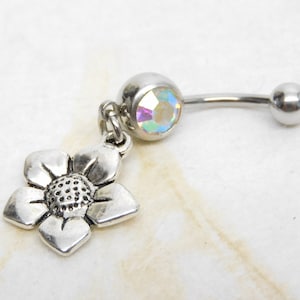 Flower Dangle Belly Ring You Choose Barbell Color, Cute Belly Button Jewelry, Small Belly Rings, Flower Piercing, Belly Bar