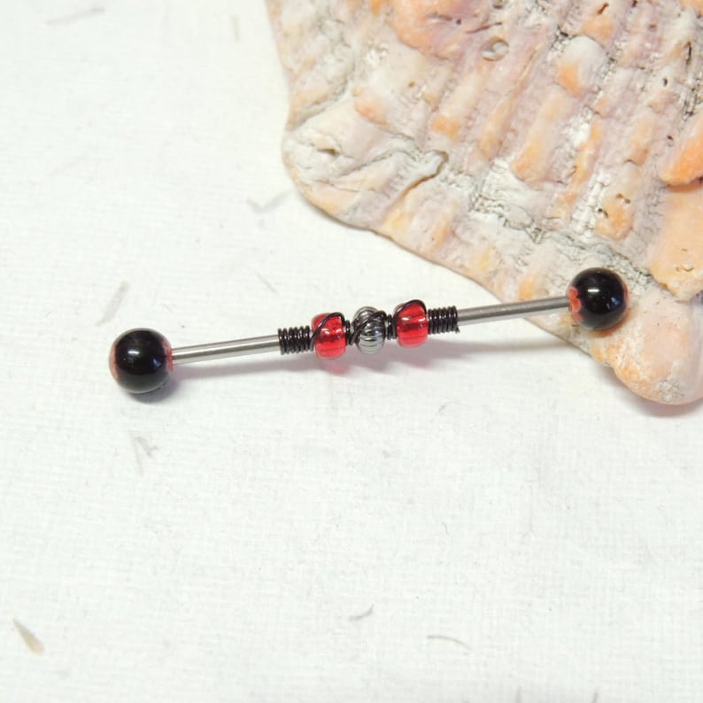 Goth Jewelry Body Jewelry Industrial Piercings Industrial Bar Red and Black Wire Wrapped Industrial Barbell Scaffold Ear Earring