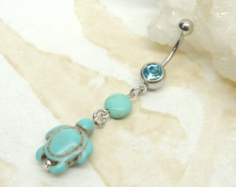 Turquoise Turtle Belly Button Navel Ring, Dangle Belly Ring, Turquoise Turtle, Cute Belly Ring, Nautical Beach Jewelry, Turtle Body Jewelry