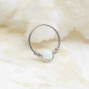 White Opal Helix Hoop, Septum Nose Ring Hoop, Seamless Hoops, Upper Ear Cartilage Hoop, Modern Beaded Nose Ring