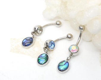 Abalone Dangle Belly Ring, 14g Surgical Steel Belly Button Jewelry