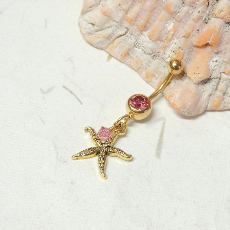 Gold Starfish Belly Button Ring, Dangle Belly Ring, Gold Belly Ring, Starfish Jewelry, Nautical Beach Belly Ring image 5