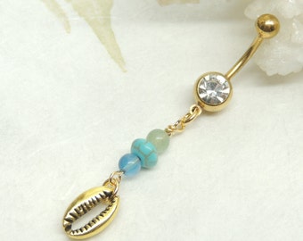 Gold Cowrie Shell Belly Ring with Blue Agate and Green Aventurine, Beach Belly Rings, Sea Shell Belly Ring