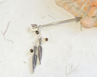 Boho Tribal Feather Industrial Barbell, Arrow Industrial Barbell, Scaffold Industrial Piercings, Feather Barbell