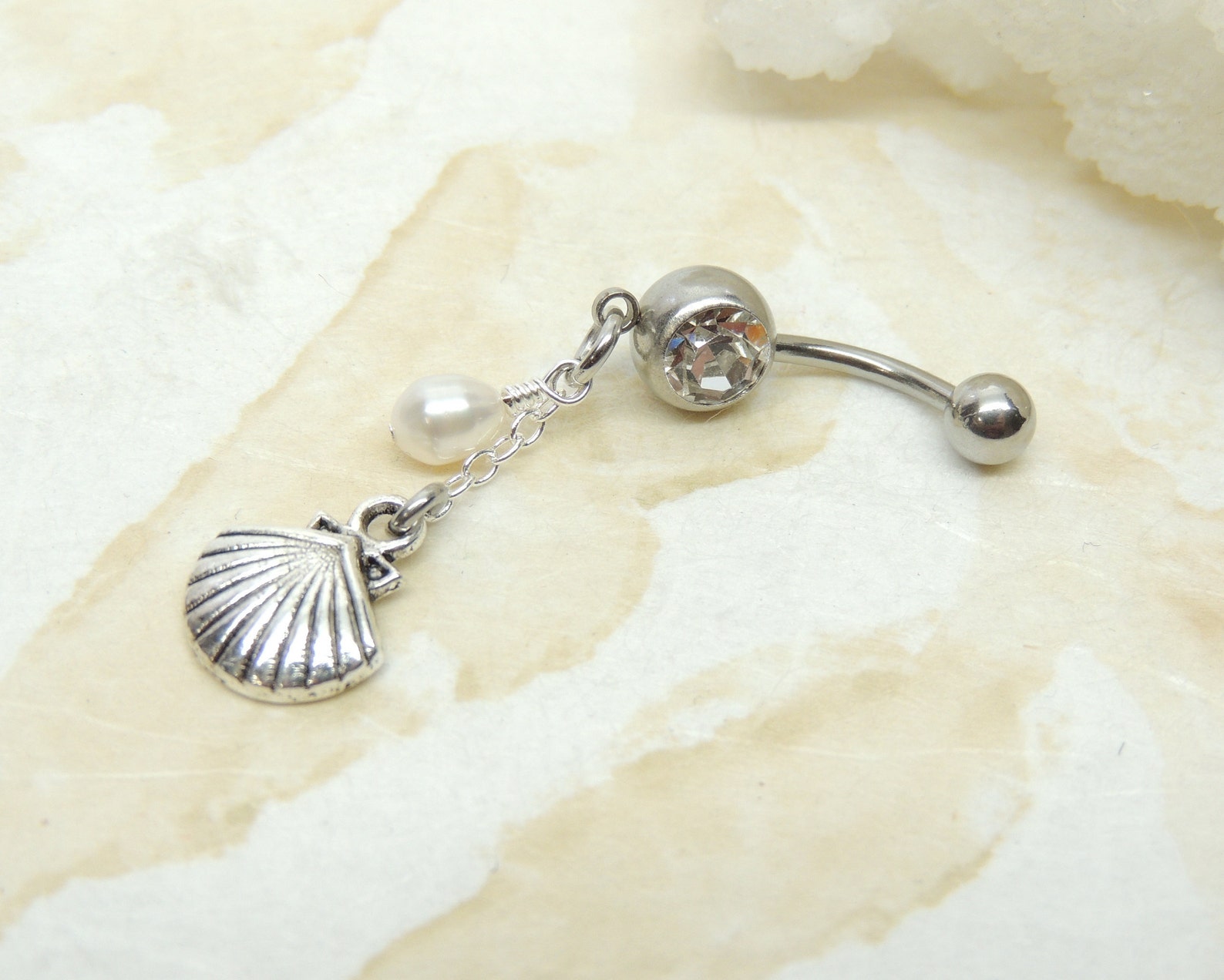 Sea Shell Belly Button Ring With Pearl Dangle You Choose Charm, Dangle ...