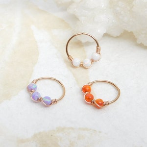 Triple Opal Rose Gold Cartilage Hoop Earring, Septum Nose Ring Hoop, Helix Daith Orbital Piercing, Seamless Hoops, Opal Nose Ring