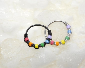 Chakra Nose Ring, Rainbow Nose Hoop Ring, Thin Nose Hoop with Beads, Cartilage Hoops, Conch Daith Hoop Earrings, Rainbow Piercing
