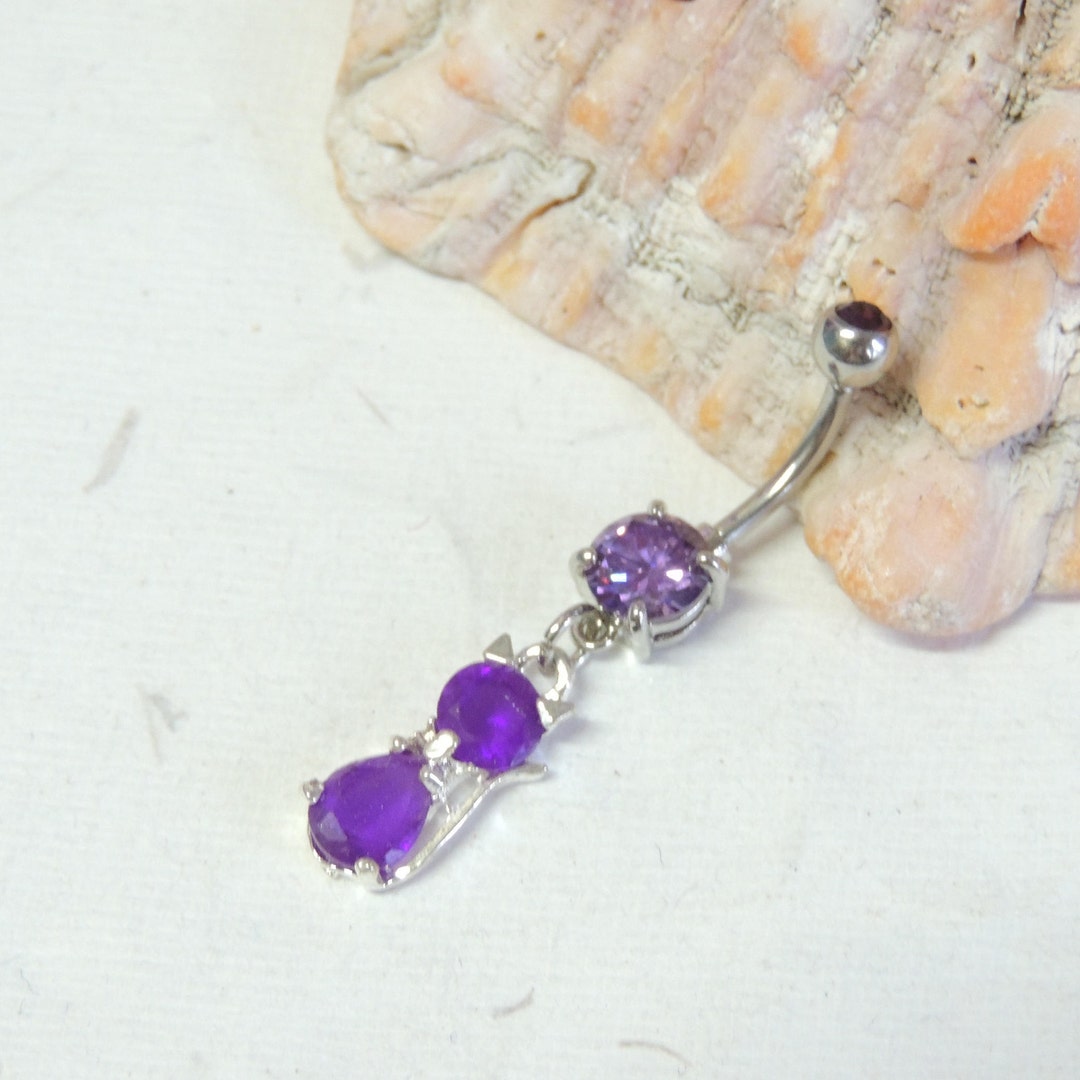 Purple Kitty Cat Belly Ring You Choose Barbell, Belly Button Jewelry