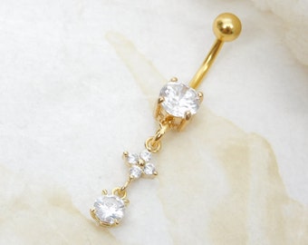 Golden Floral Sparkle Belly Ring, Navel Jewelry, Gold Belly Rings, Body Jewelry, 14g Prong Set