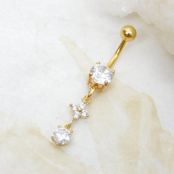 Golden Floral Sparkle Belly Ring, Navel Jewelry, Gold Belly Rings, Body Jewelry, 14g Prong Set
