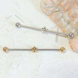 May include: Two silver barbell style body piercings with star-shaped charms. The top barbell has a silver charm and the bottom barbell has a gold charm.