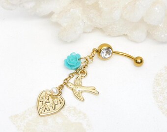 Golden Floral Heart Belly Ring, Navel Ring, 14g Gold Barbell