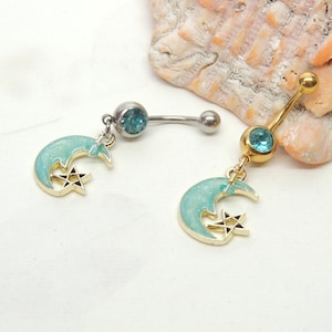 Blue Crescent Moon and Star Belly Ring, Dangle Belly Ring, Moon Belly Ring, Celestial Belly Ring, Sparkle Belly Ring