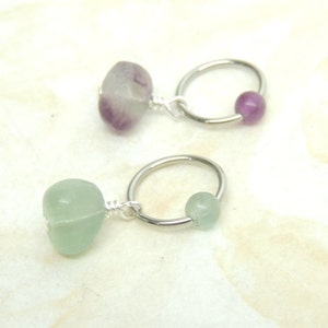 Natural Fluorite Cartilage Hoop Earring You Choose Purple or Green, CBR Captive Bead Ring, Tragus Helix Earring, Hoop Belly Ring